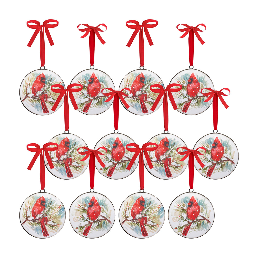 Winter Cardinal and Pine Branch Disc Ornament (Set of 2)