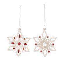 Load image into Gallery viewer, White Glass Snowflake Ornament with Red Bead Accent (Set of 12)
