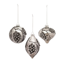 Load image into Gallery viewer, Silver Pine Cone Glass Ornament with Snowy Accent (Set of 6)
