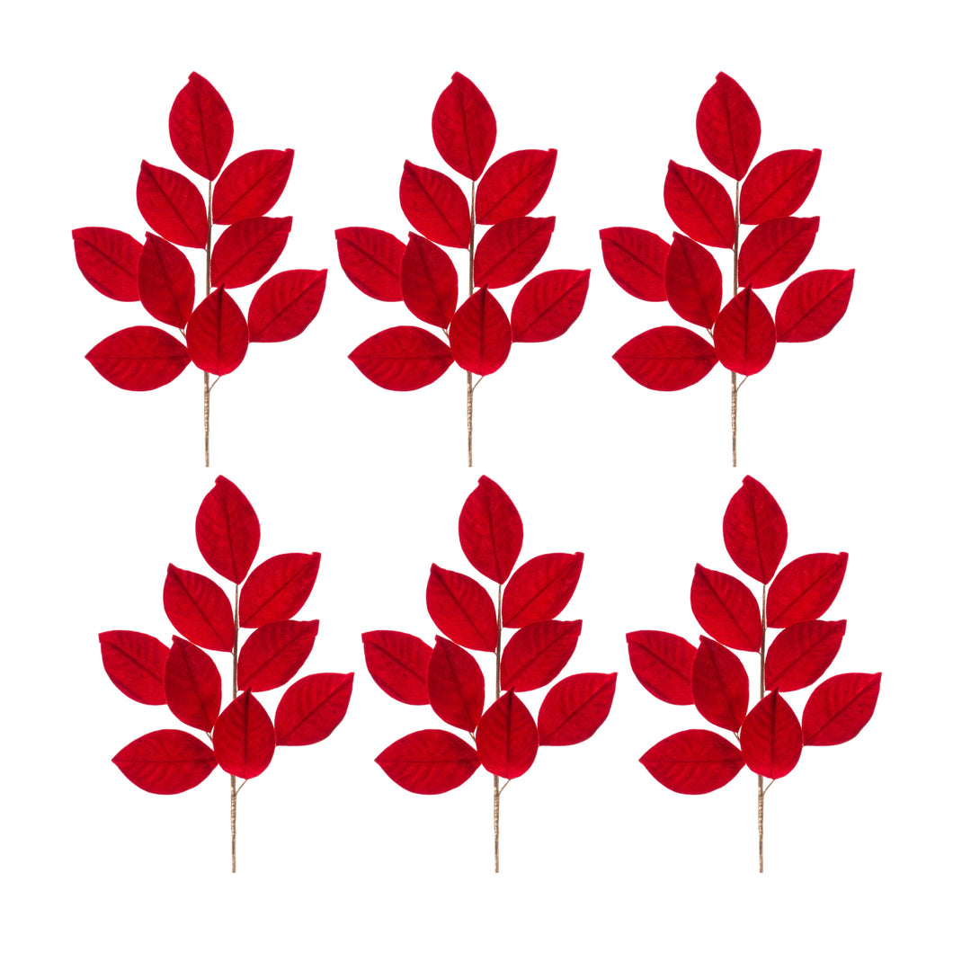 Red Flocked Magnolia Leaf Spray (Set of 6)