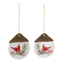Load image into Gallery viewer, Ceramic Cardinal Pine Branch Peace Joy Tag Ornament (Set of 12)
