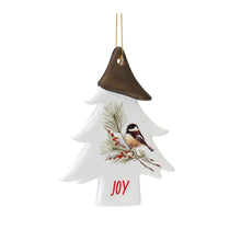 Load image into Gallery viewer, Ceramic Chickadee Pine Branch Peace Joy Tag Ornament (Set of 12)
