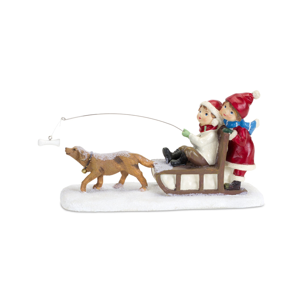 Whimsical Children Playing on Sled with Dog Figurine 9.5