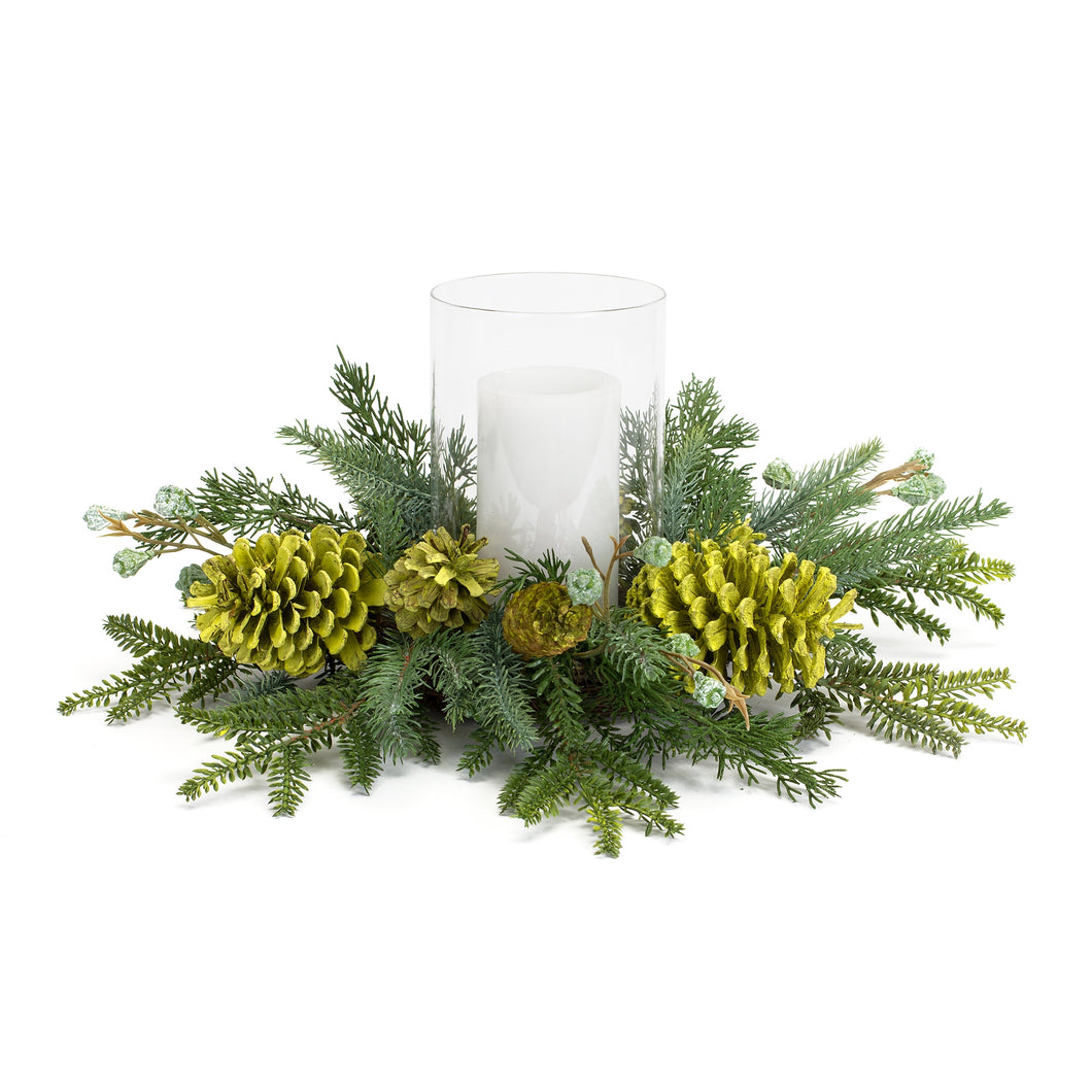 Mixed Winter Pine Cone Candle Holder with Glass Hurricane 18