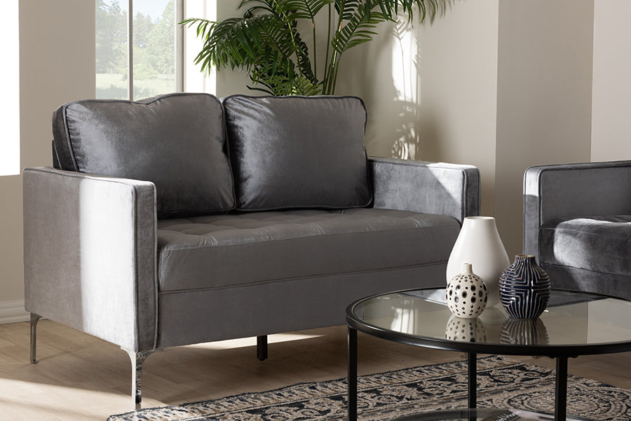 Baxton Studio Clara Modern and Contemporary Grey Velvet Fabric Upholstered 2-Seater Loveseat
