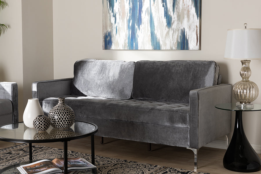 Baxton Studio Clara Modern and Contemporary Grey Velvet Fabric Upholstered 3-Seater Sofa
