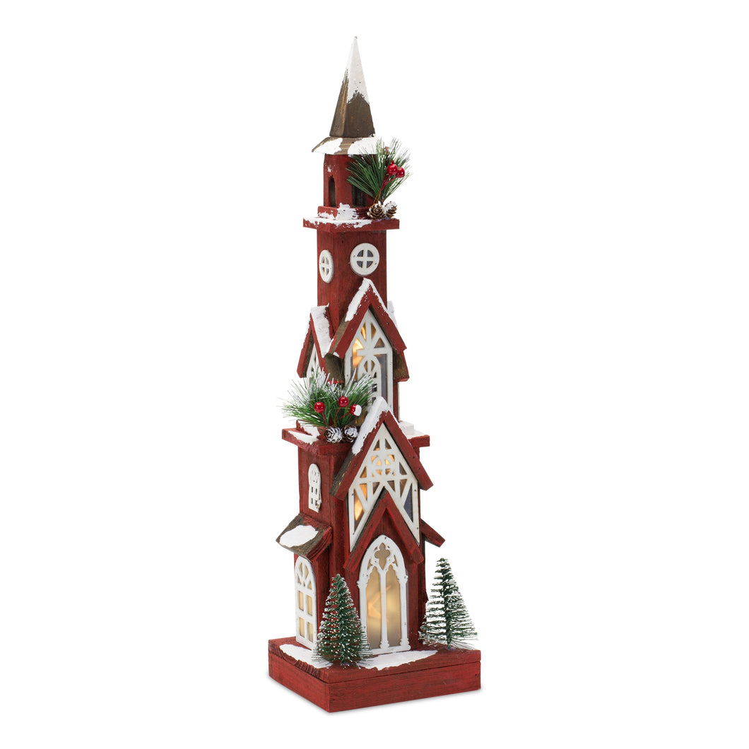 Lighted Winter Church Display with Pine Accents and Snowy Finish 19