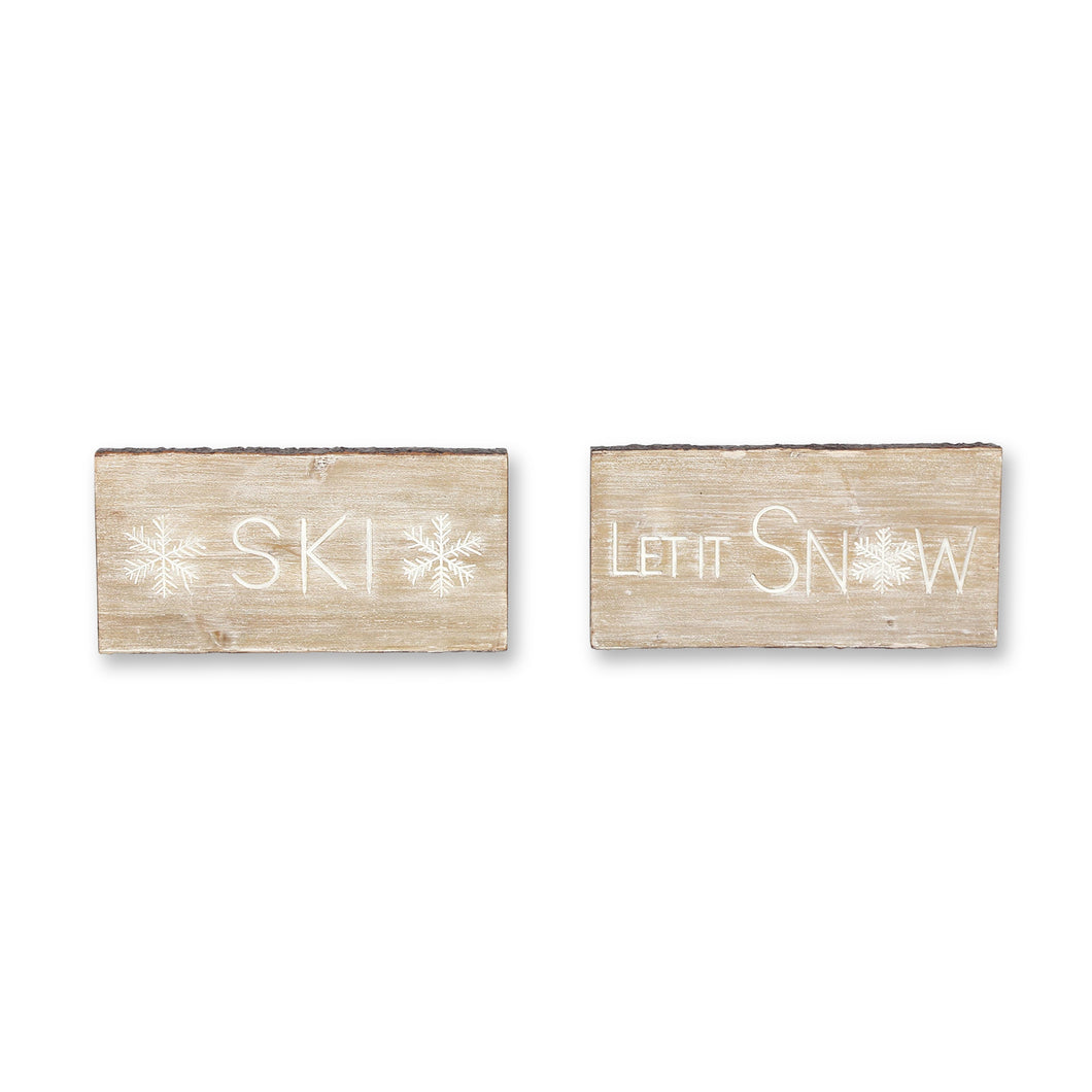 Wood Ski and Snow Sentiment Block with White Washed Design (Set of 2)