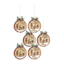 Load image into Gallery viewer, Glass Tree Disc Ornament with Etched Cabin and Woodland Design (Set of 6)
