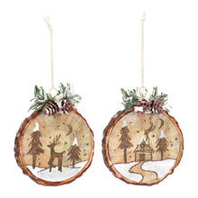 Load image into Gallery viewer, Glass Tree Disc Ornament with Etched Cabin and Woodland Design (Set of 6)
