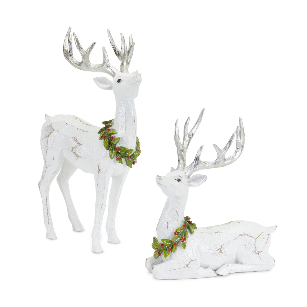 White Deer Figurine with Silver Antler and Wreath Accent (Set of 2)