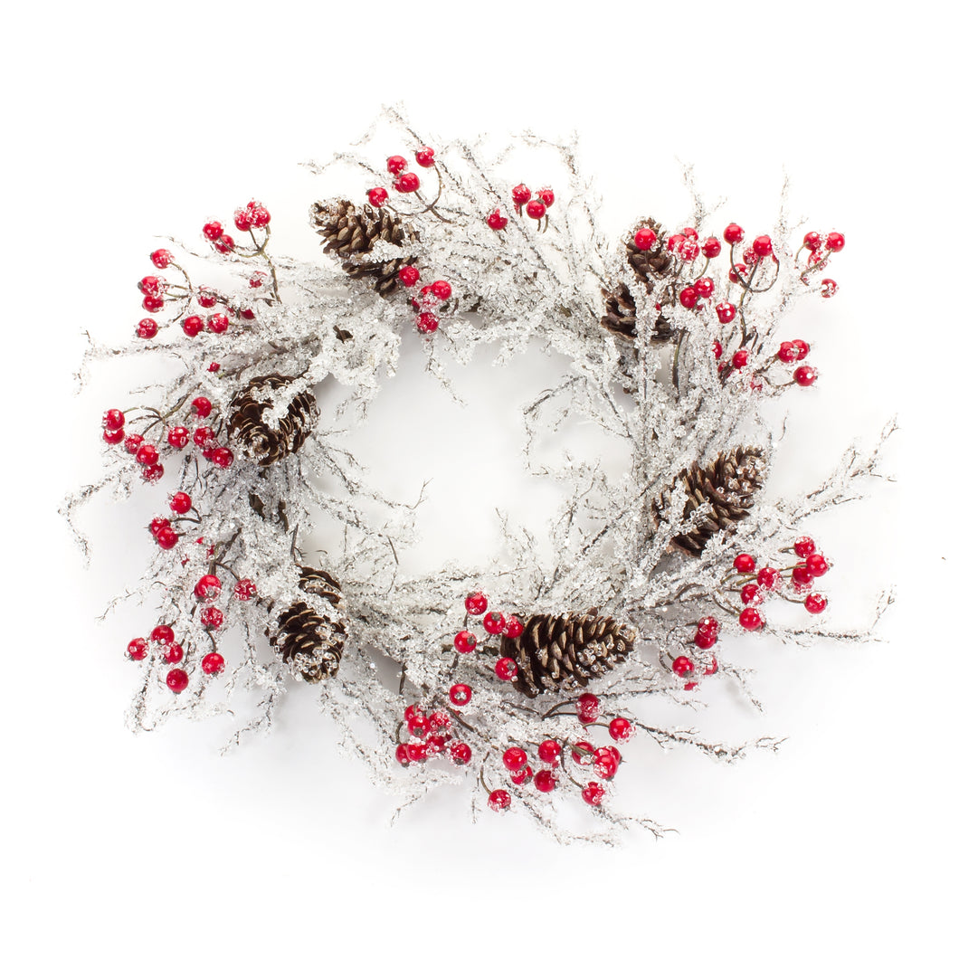 Frosted Snowy Pinecone Twig Wreath with Berry Accents 22.75
