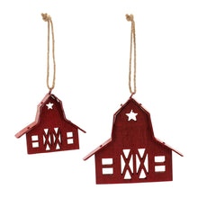 Load image into Gallery viewer, Rustic Wooden Barn Ornament with Metal Accent and Jute Hanger (Set of 24)
