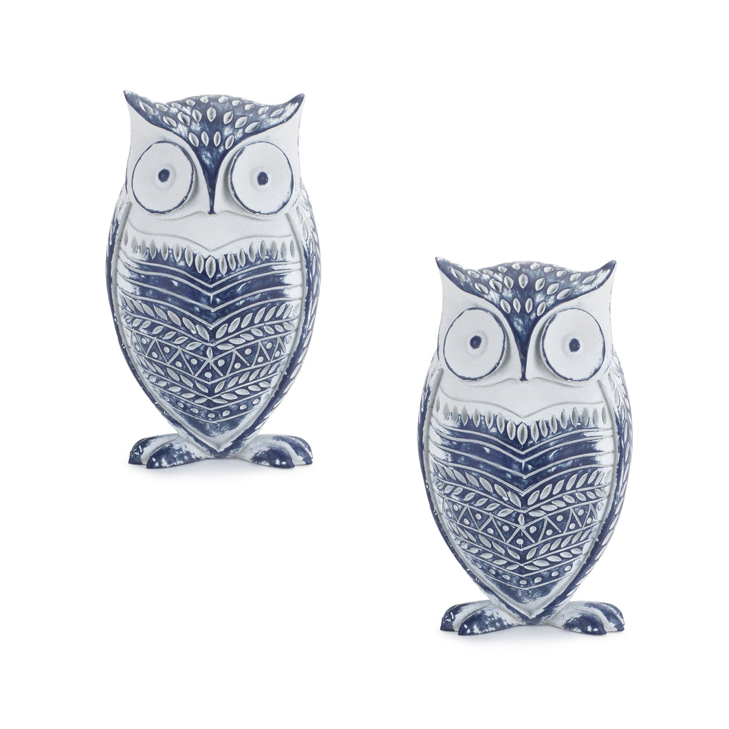 White Washed Owl DŽcor with Blue Floral Design 6.5