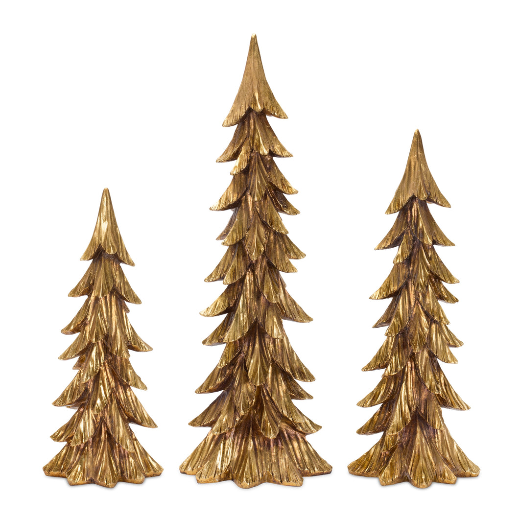Carved Stone Pine Tree DŽcor with Gold Finish (Set of 3)