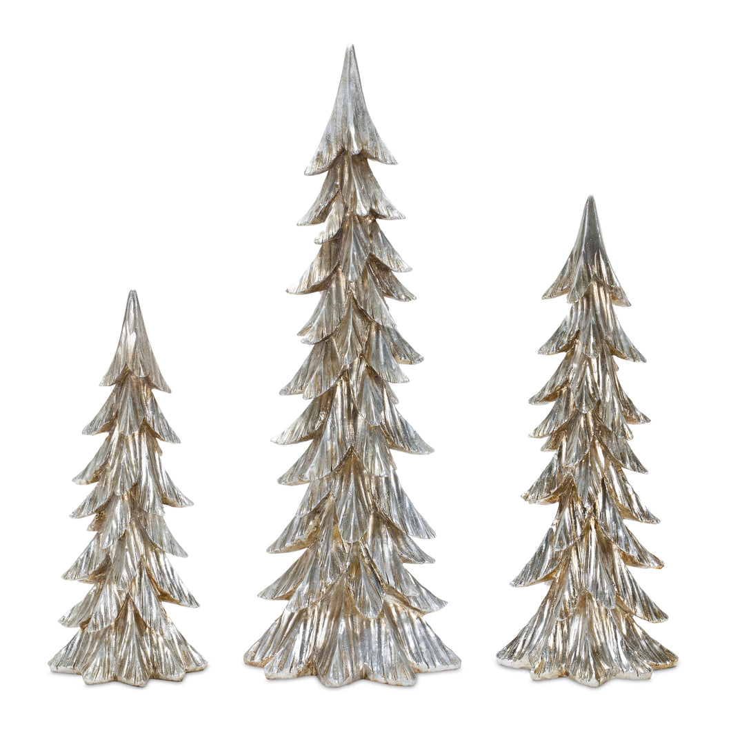 Carved Stone Pine Tree DŽcor with Silver Finish (Set of 3)