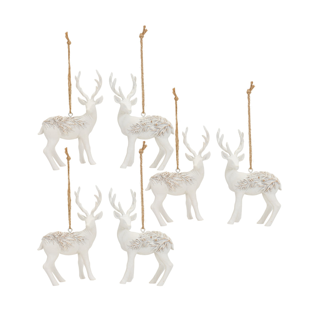 Modern White Deer Ornament with Raised Pine Design (Set of 6)