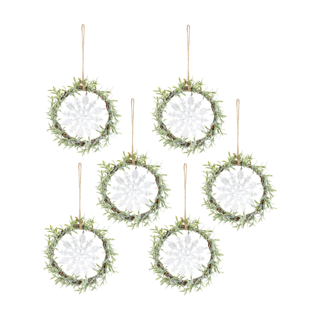 Frosted Winter Mini Leaf Wreath with Snowflake Ornament (Set of 6)