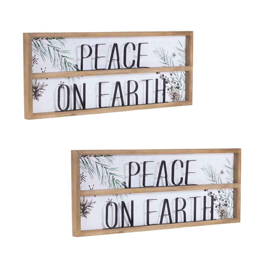 Wood Framed Peace on Earth Sign with Pine Painting (Set of 2)