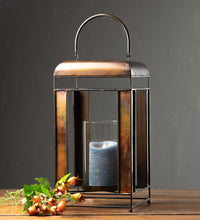 Load image into Gallery viewer, Brozne Metal Candle Holder with Amber Glass Panes and Hurricane 13.5&quot;H
