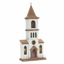 Load image into Gallery viewer, Lighted Natural Wooden Church Display with Rustic Metal Accents 25.25&quot;H
