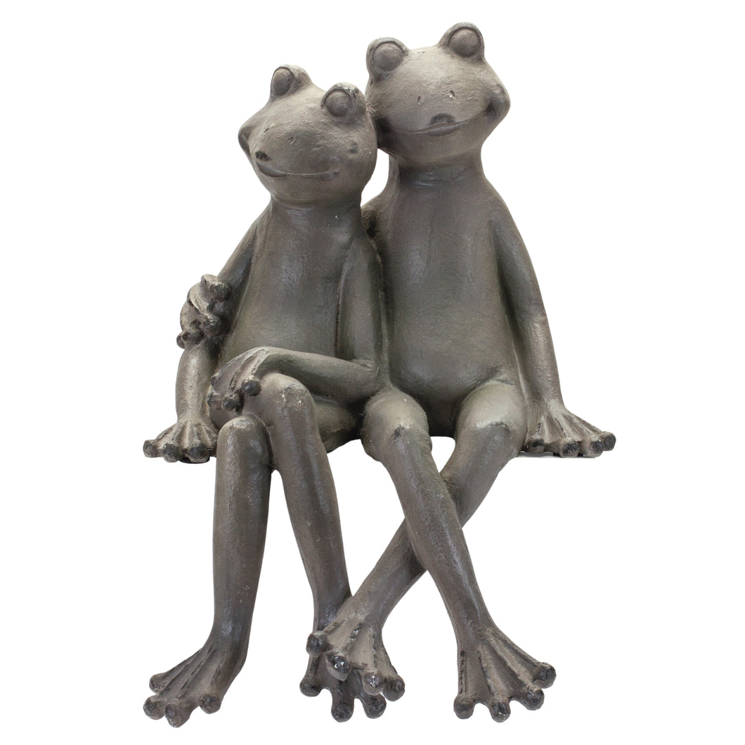 Distressed Stone Sitting Frog Couple Garden Statue 19.5