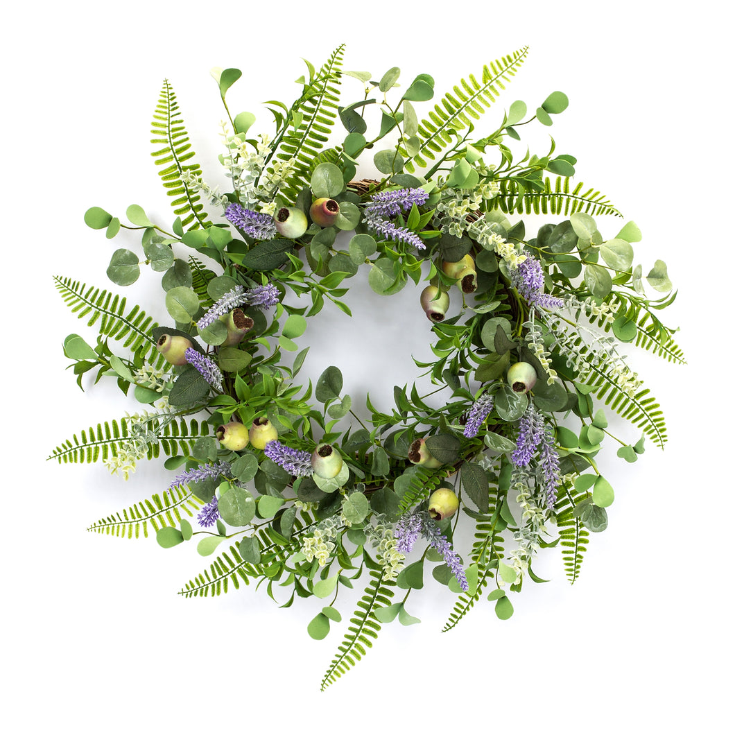 Mixed Fern and Eucalyptus Wreath with Pod and Lavender Accents 19.5