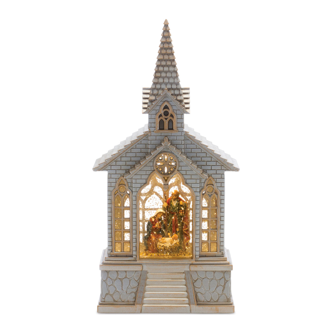LED Snow Globe Church with Nativity 8.25