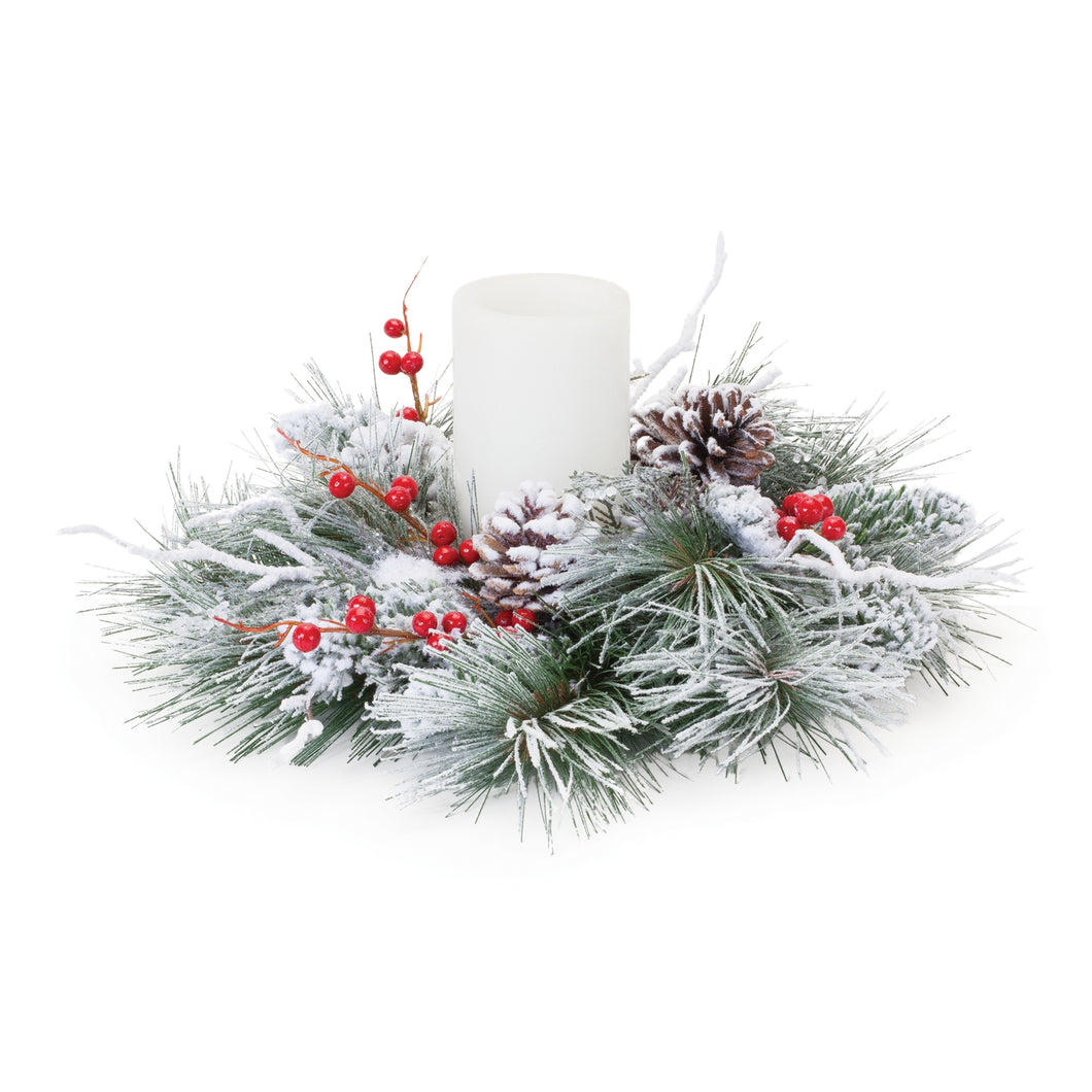 Flocked Pine Berry Candle Ring 15.5