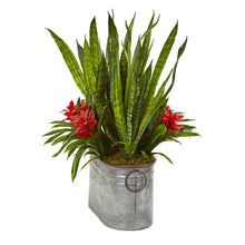 Load image into Gallery viewer, 24&quot; Bromeliad and Sansevieria Artificial Plant in Metal Planter
