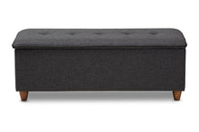 Load image into Gallery viewer, Baxton Studio Marlisa Mid-Century Modern Walnut Finished Wood and Dark Grey Fabric Upholstered Button Tufted Storage Ottoman Bench
