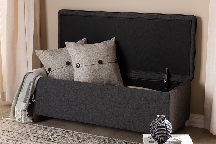 Baxton Studio Marlisa Mid-Century Modern Walnut Finished Wood and Dark Grey Fabric Upholstered Button Tufted Storage Ottoman Bench