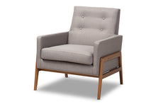 Load image into Gallery viewer, Baxton Studio Perris Mid-Century Modern Grey Fabric Upholstered Walnut Wood Lounge Chair
