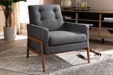 Load image into Gallery viewer, Baxton Studio Perris Mid-Century Modern Dark Grey Fabric Upholstered Walnut Wood Lounge Chair
