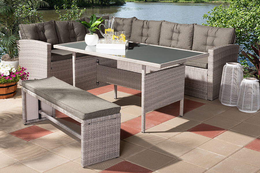 Baxton Studio Eneas Modern and Contemporary Dark Grey Fabric Upholstered and Grey Rattan 3-Piece Outdoor Patio Lounge Corner Sofa Set