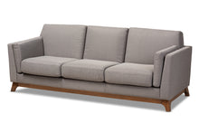 Load image into Gallery viewer, Baxton Studio Sava Mid-Century Modern Grey Fabric Upholstered Walnut Wood 3-Seater Sofa
