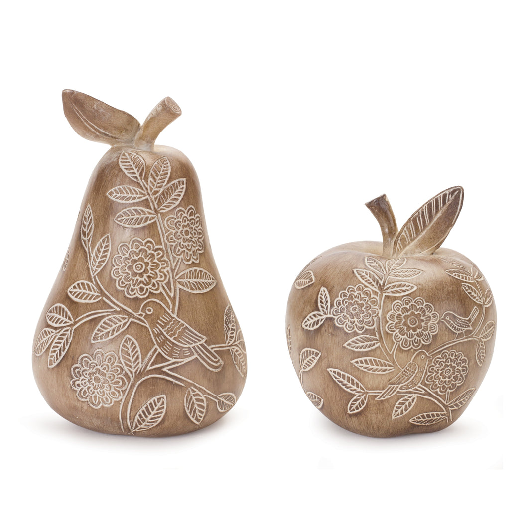 Floral Etched Pear and Apple DŽcor (Set of 2)