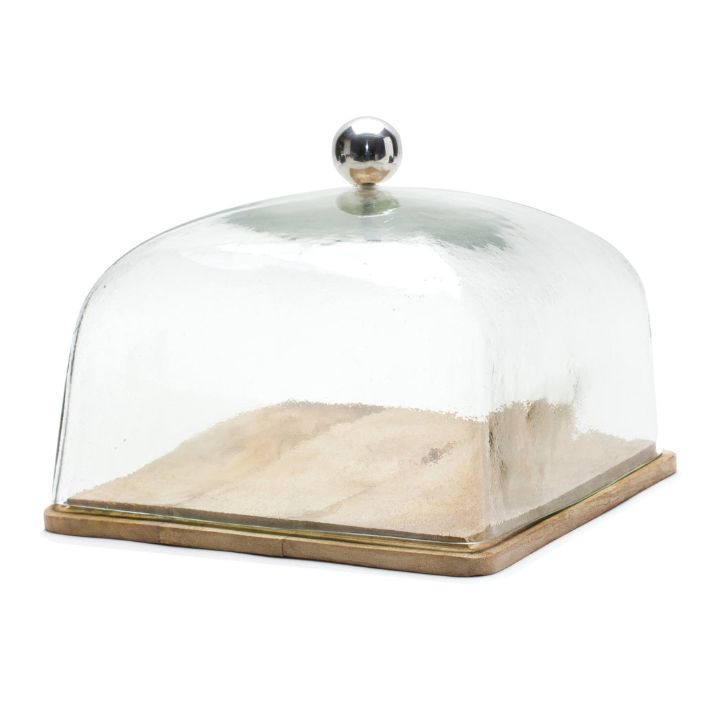 Glass Cloche with Wood Plate 10.5