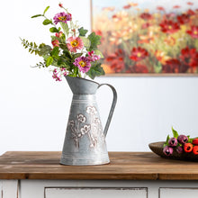 Load image into Gallery viewer, Floral Stamped Metal Pitcher Vase 12.5&quot;H
