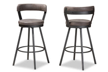 Load image into Gallery viewer, Baxton Studio Arcene Rustic and Industrial Antique Grey Fabric Swivel Bar Stool Set of 2
