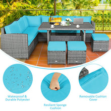 Load image into Gallery viewer, 7 Pieces Patio Rattan Dining Furniture Sectional Sofa Set with Wicker Ottoman-Turquoise
