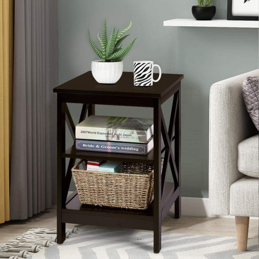Nightstand 3-Tier X-Design with Storage Shelves-Espresso