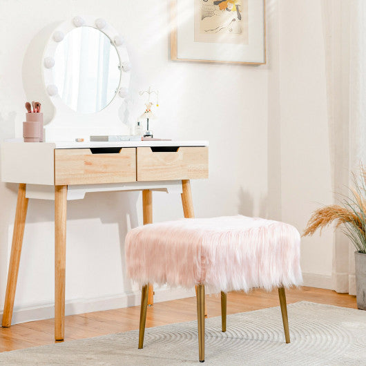 Faux Fur Vanity Stool Square Furry Ottoman with Golden Metal Legs-Pink