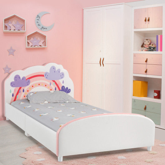 Kids Twin Size Upholstered Platform Wooden Bed with Rainbow Pattern