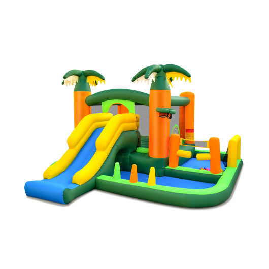 8-in-1 Tropical Inflatable Bounce Castle with 2 Ball Pits Slide and Tunnel