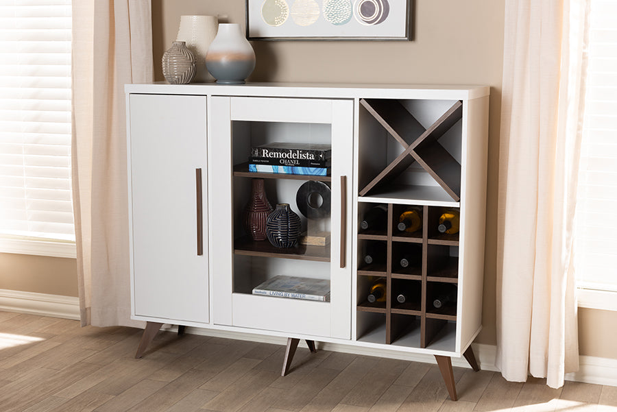 Baxton Studio Pietro Mid-Century Modern White and Brown Finished Wine Cabinet
