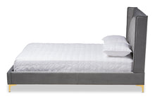 Load image into Gallery viewer, Baxton Studio Valery Modern and Contemporary Dark Gray Velvet Fabric Upholstered Queen Size Platform Bed with Gold-Finished Legs
