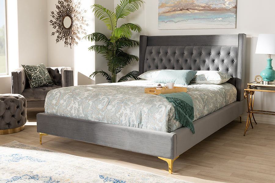 Baxton Studio Valery Modern and Contemporary Dark Gray Velvet Fabric Upholstered Queen Size Platform Bed with Gold-Finished Legs