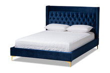 Load image into Gallery viewer, Baxton Studio Valery Modern and Contemporary Navy Blue Velvet Fabric Upholstered Queen Size Platform Bed with Gold-Finished Legs

