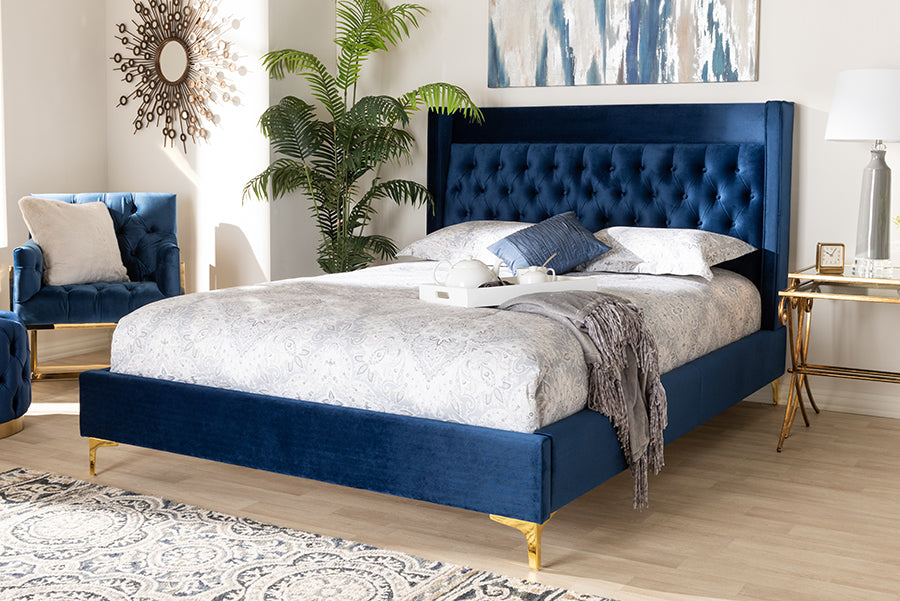 Baxton Studio Valery Modern and Contemporary Navy Blue Velvet Fabric Upholstered King Size Platform Bed with Gold-Finished Legs